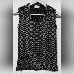 VTG Metallic yarn Knitting Sweater Vest blouse Size S Black Gold Metallic Orlon